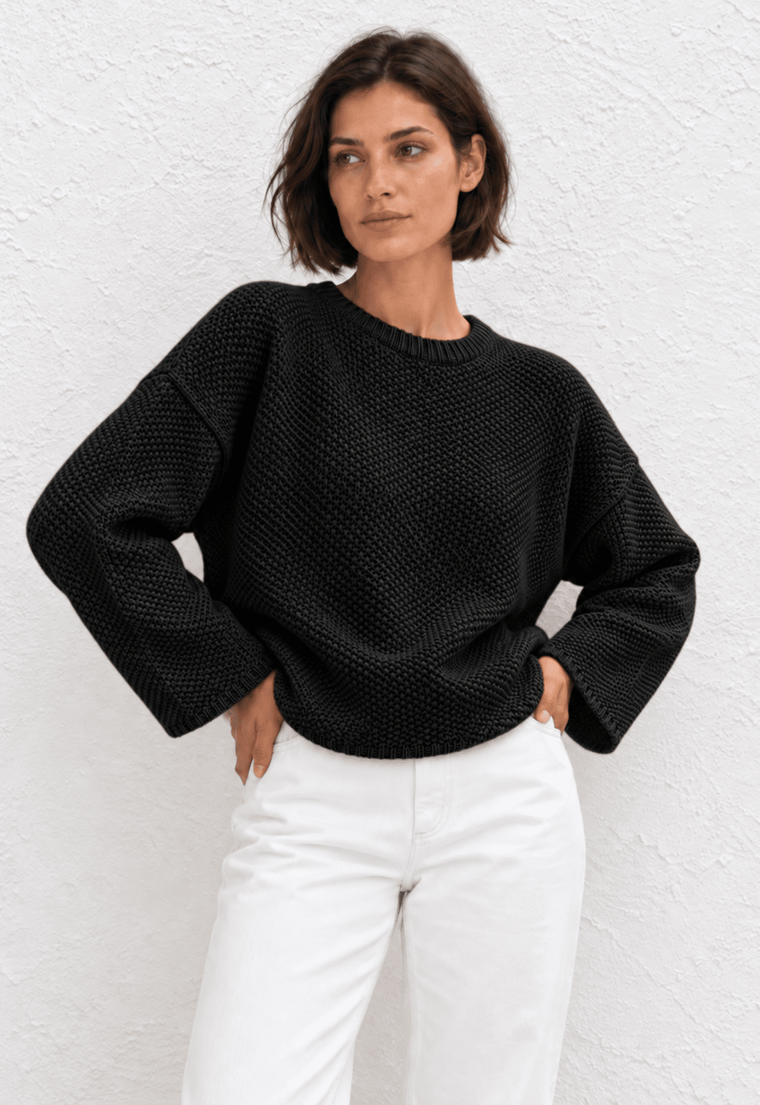 Cashmere Waffle Crew Sweater - Black