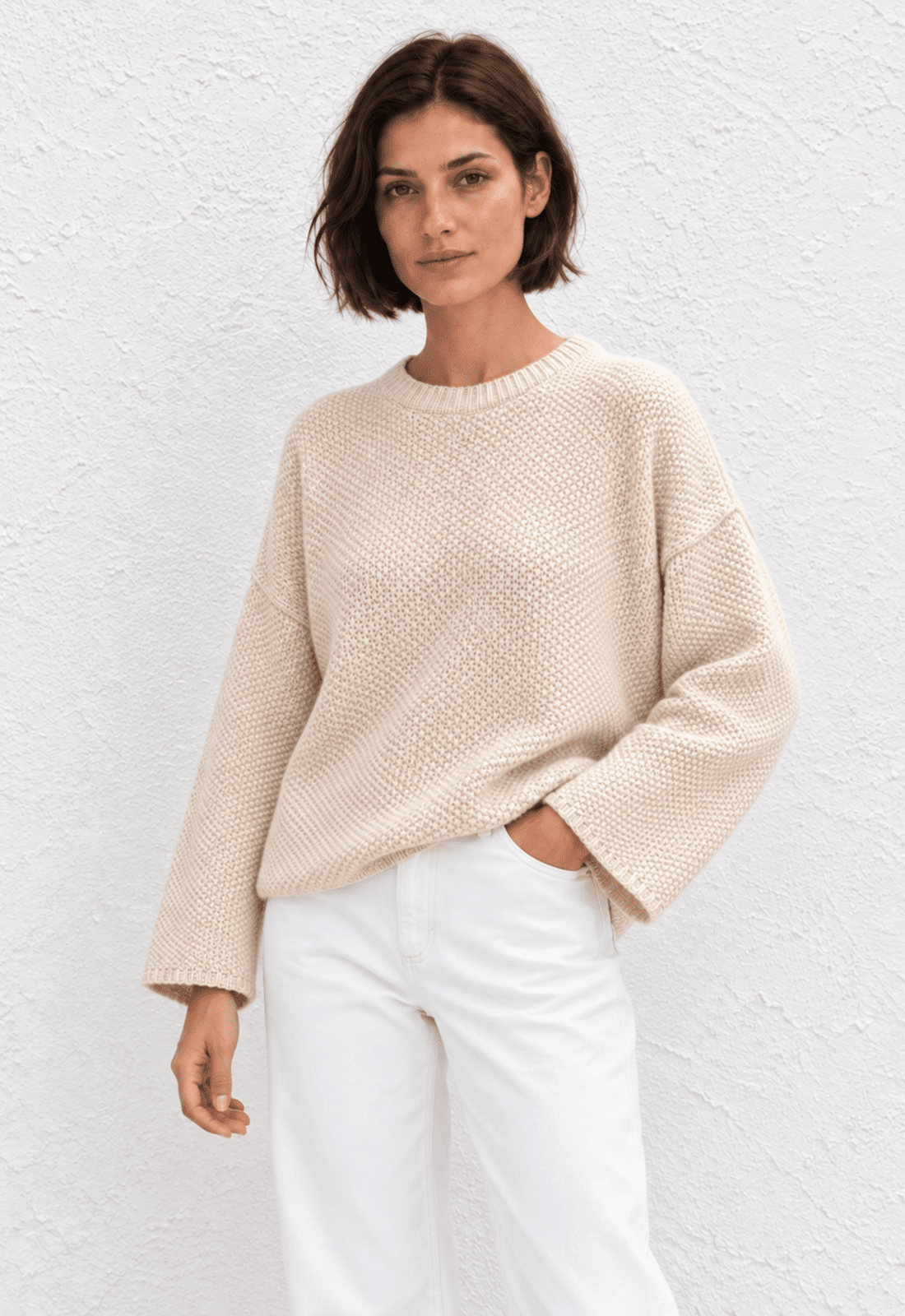 Cashmere Waffle Crew Sweater - Ecru