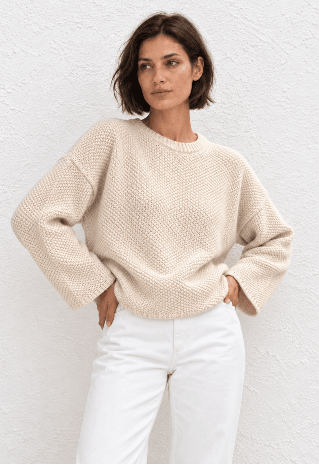 Cashmere Waffle Crew Sweater - Ecru