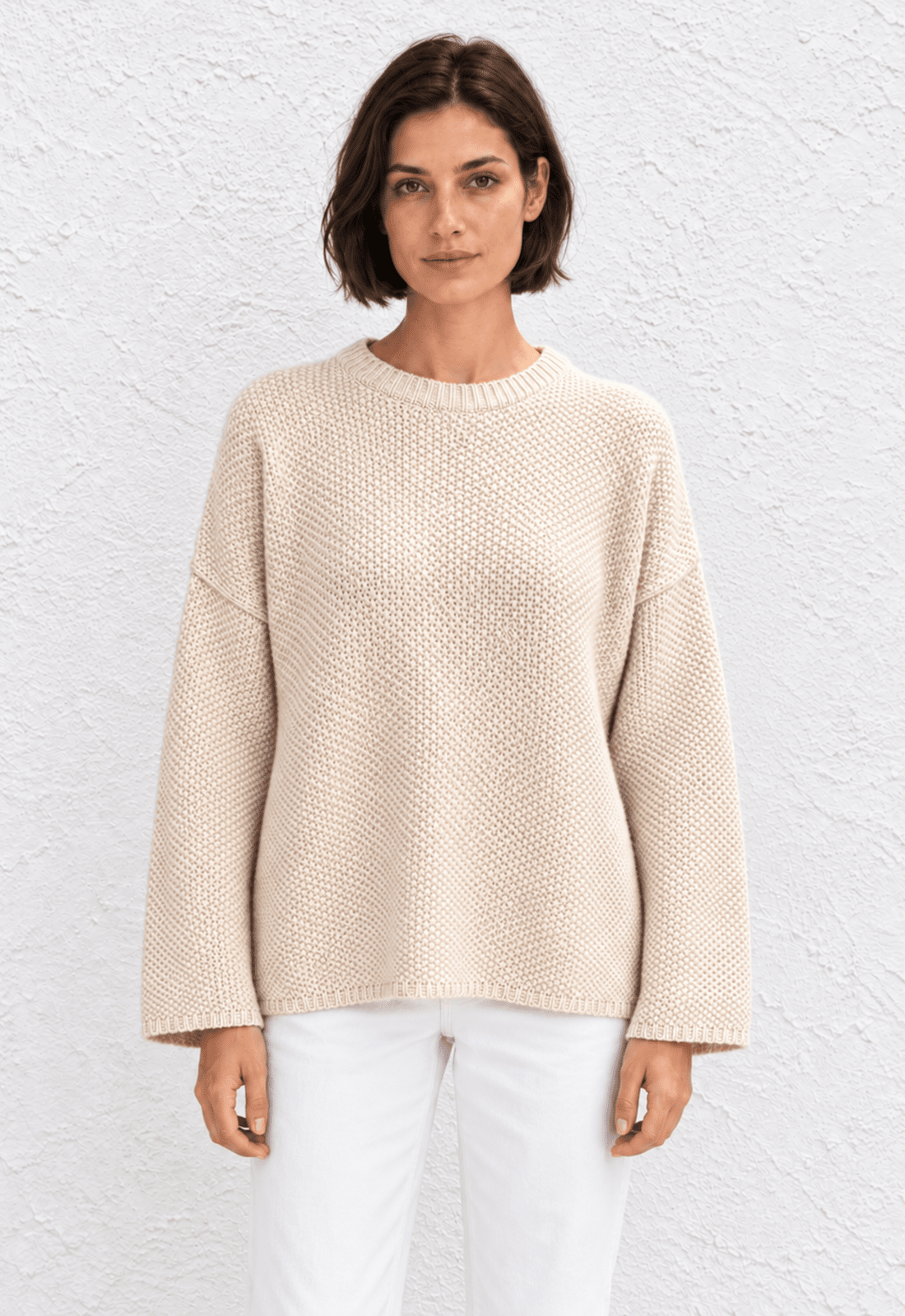 Cashmere Waffle Crew Sweater - Ecru