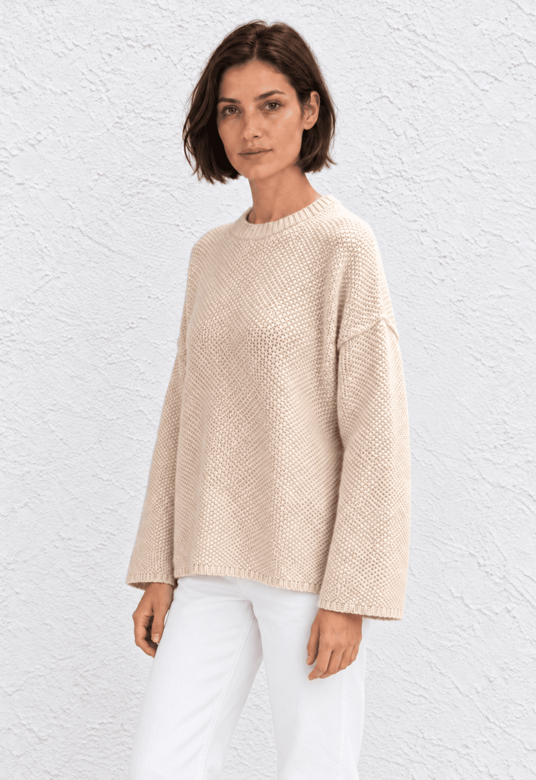 Cashmere Waffle Crew Sweater - Ecru