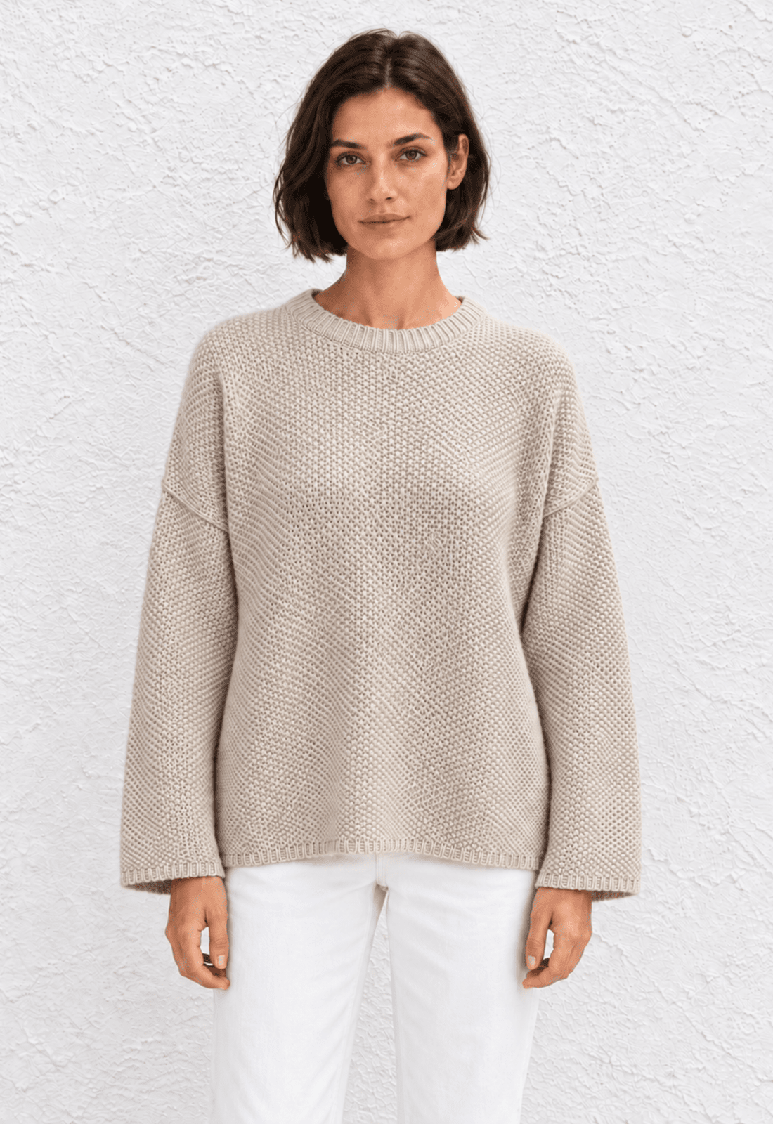 Cashmere Waffle Crew Sweater - Wheat