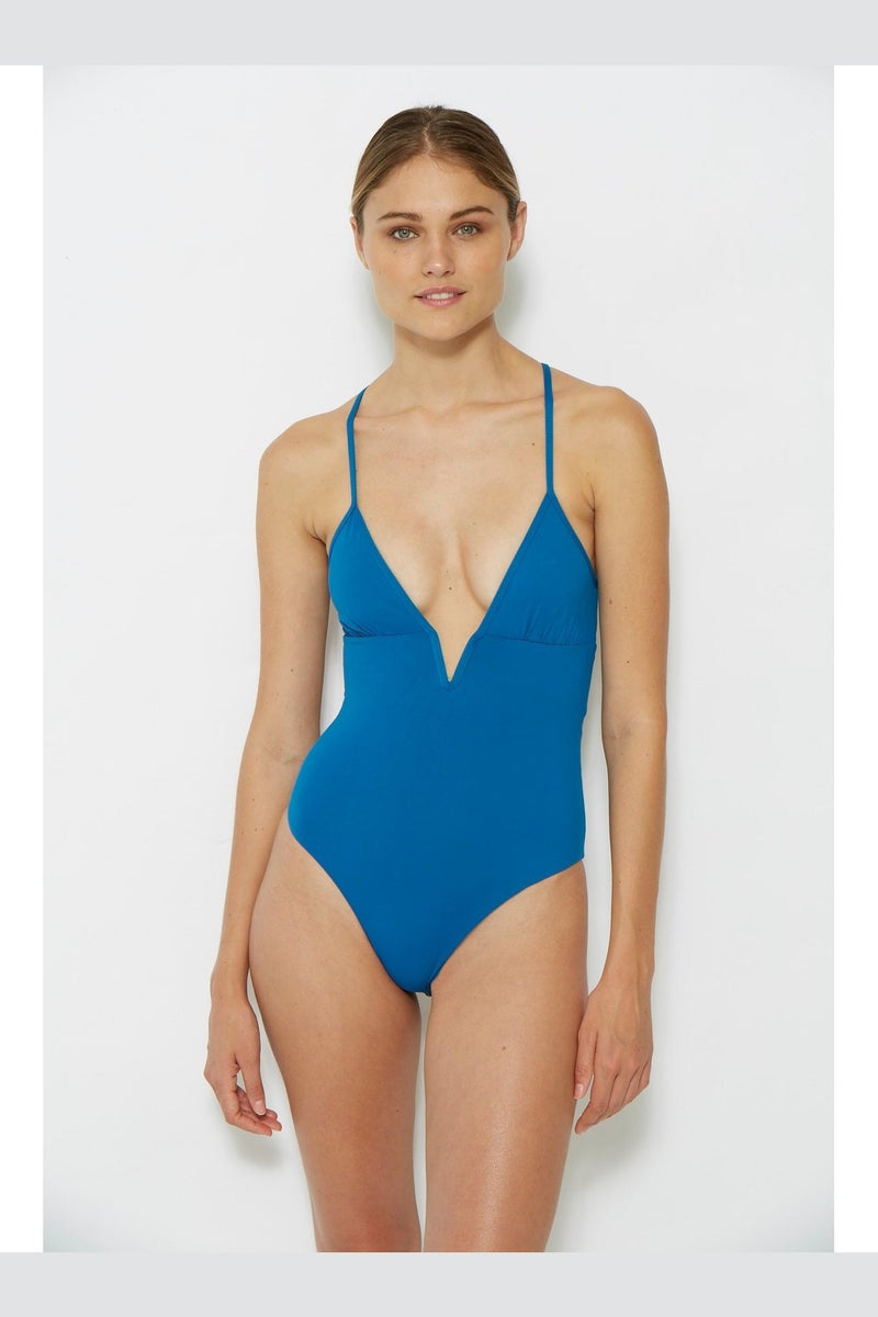 blue plunge one piece swimsuit