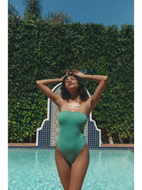 green strapless one piece bathing suit