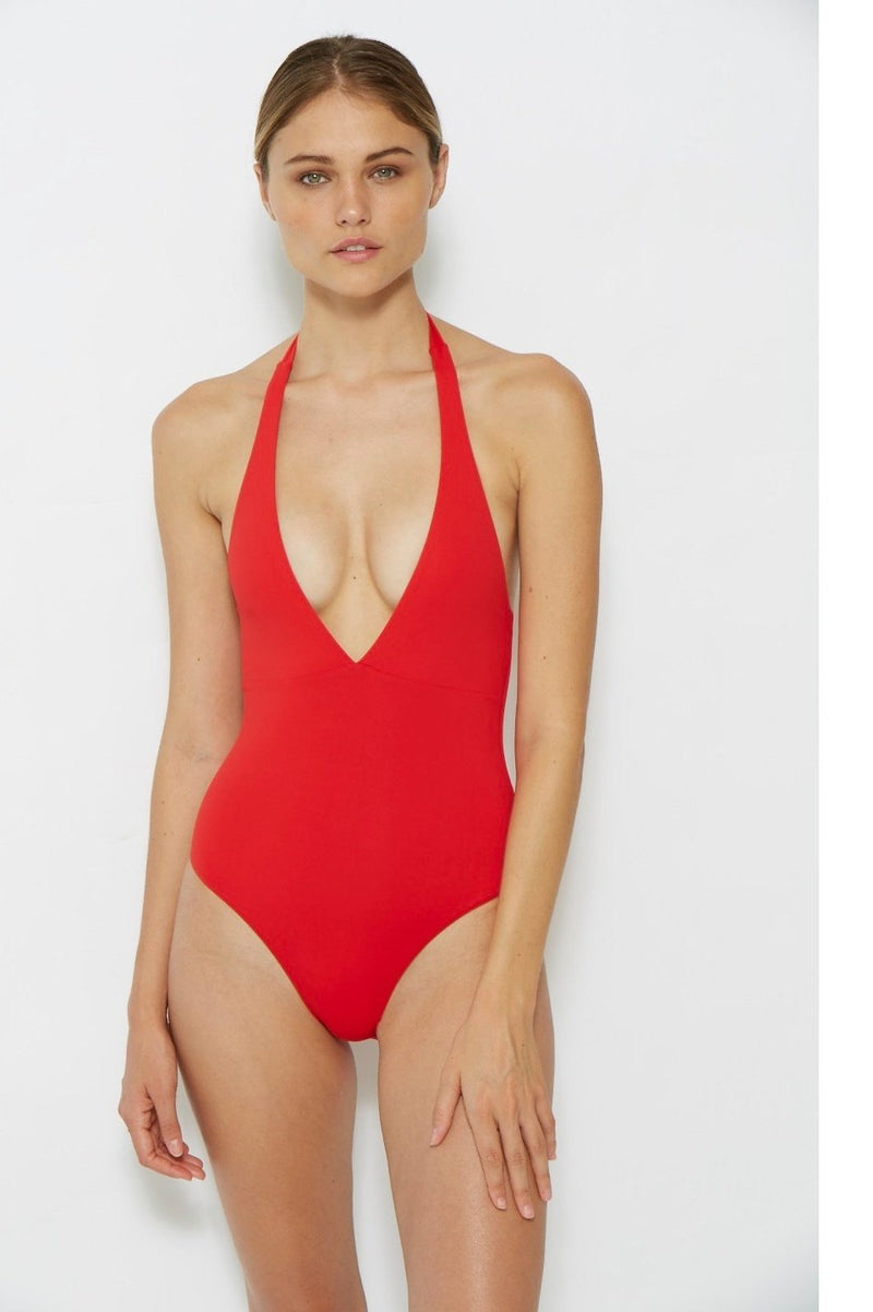 red one piece swimsuit