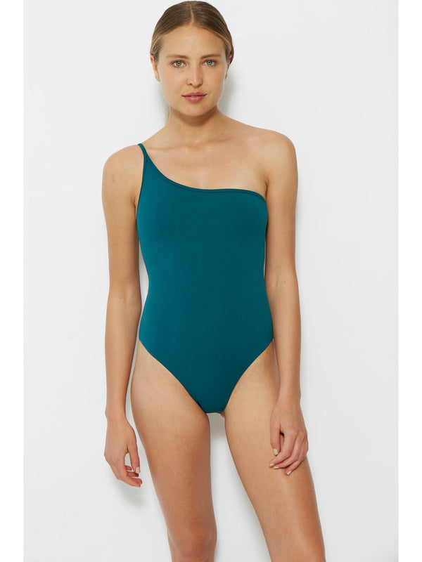 one shoulder emerald green swimsuit