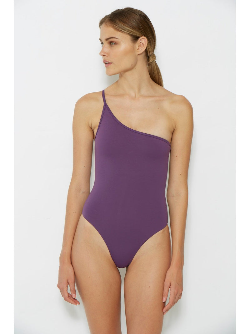 one shoulder lavender swimsuit