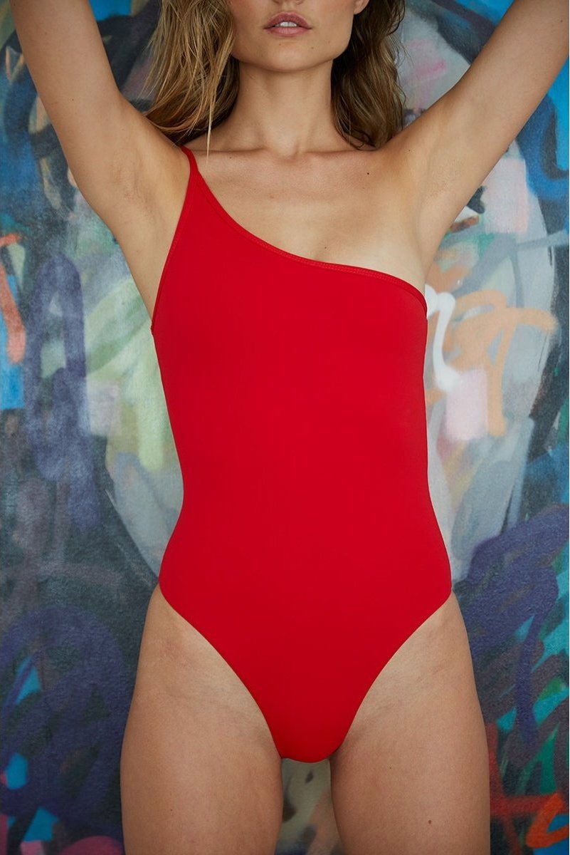 red one shoulder swimsuit