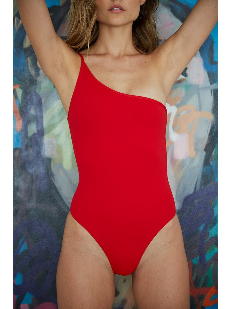 red one shoulder swimsuit