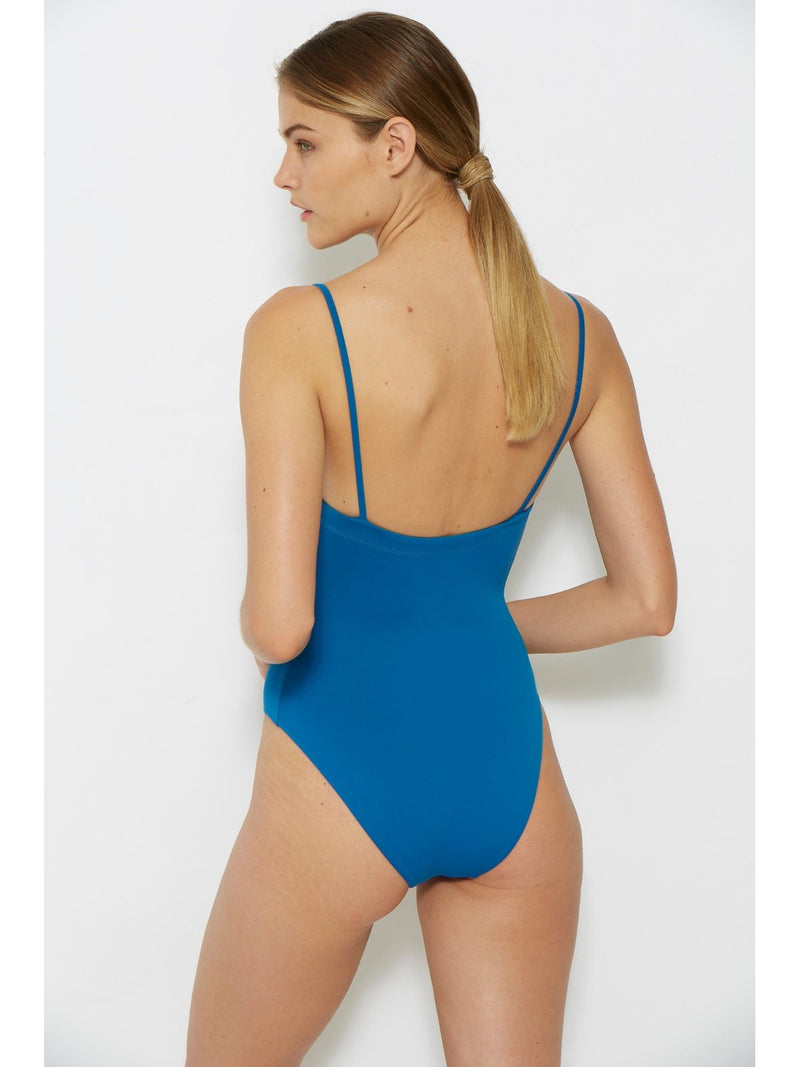 blue bandeau one piece swimsuit